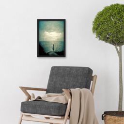 Artery8 Looking Out To Sea Dreamscape Lone Woman Dusk Calm Elegant Panting Artwork Framed Wall Art Print A4 in Black - thumbnail 2