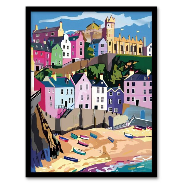 "Artery8 Tenby Harbour Beach Coastal Townscape Colourful Framed Art Print - Size: W12"" x H16""" - image 1