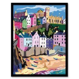 "Artery8 Tenby Harbour Beach Coastal Townscape Colourful Framed Art Print - Size: W12"" x H16""" - thumbnail 1