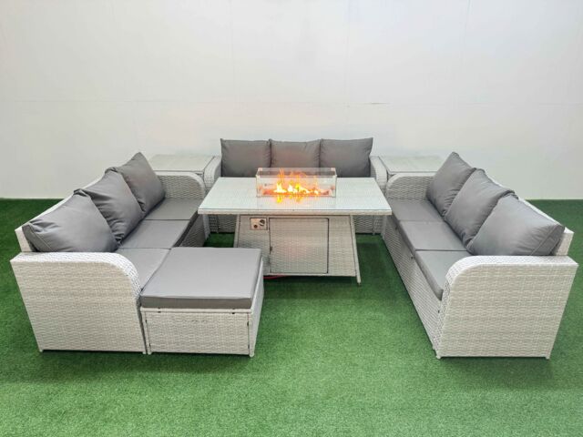 Fimous PE Rattan Lounge Sofa Set 10 Seater Outdoor Garden Furniture Set with Firepit Dining Table 3 Seater Sofa Big Footstool 2 Side Table Light Grey - image 1