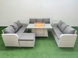 Fimous PE Rattan Lounge Sofa Set 10 Seater Outdoor Garden Furniture Set with Firepit Dining Table 3 Seater Sofa Big Footstool 2 Side Table Light Grey - thumbnail 1