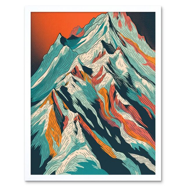 "Artery8 Wall Art Print Mont Blanc Mountain Peak Linocut Art Framed in White - Size: W12"" x H16""" - image 1