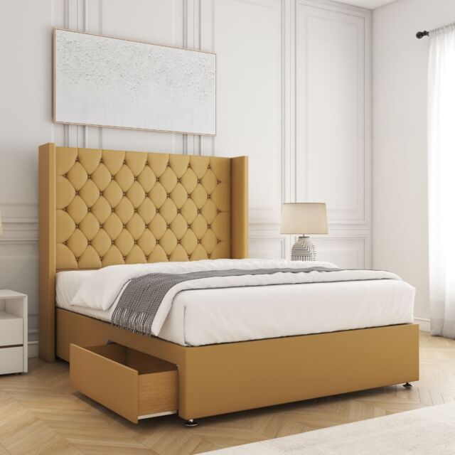 "BSSPOKE Winchester Plush Divan Bed 54"" Headboard 2Drawers Footend & Mattress in Mustard - Size: Double" - image 1