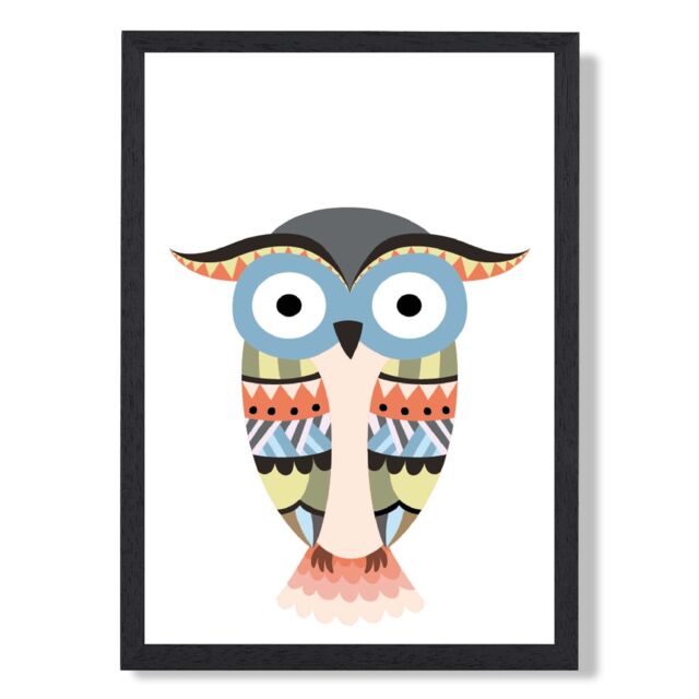 ARTZE Totem Owl Tribal Animal Framed Print SIZE: A4 with Black Frame in Grey - image 1