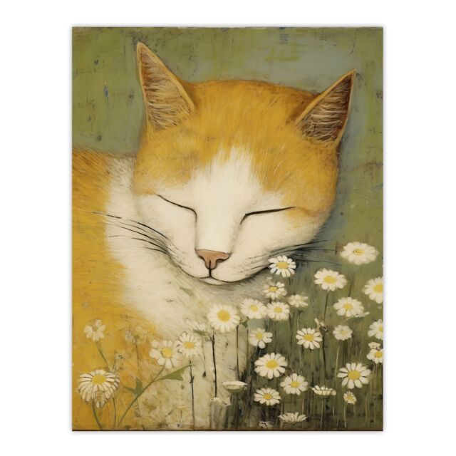 Artery8 Sleeping w/ The Daisies Artwork By Gillian Keenan Cat Sleeping In Wildflower Meadow Pastel Colour Oil Painting Extra Large XL Unframed Wall - image 1
