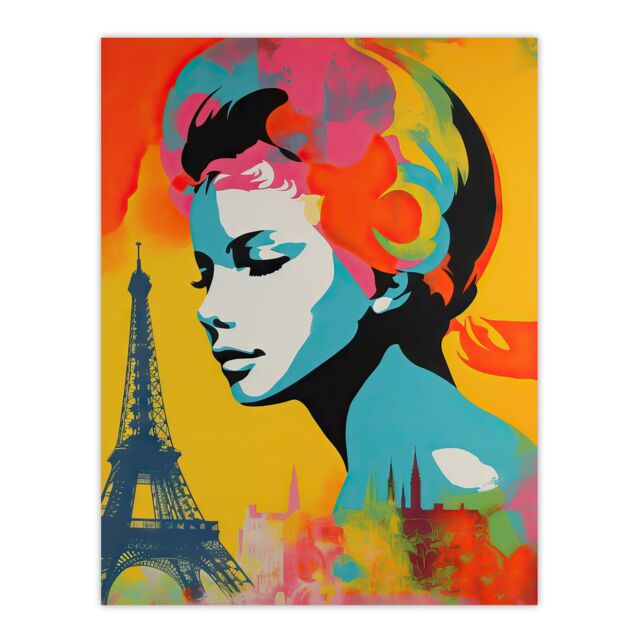 "Artery8 Wall Art Print I Left My Heart In Paris Vibrant Painting Retro Woman Portrait With Eiffel Tower Cityscape Poster - Size: W18"" x H24""" - image 1