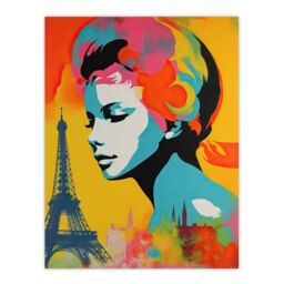 "Artery8 Wall Art Print I Left My Heart In Paris Vibrant Painting Retro Woman Portrait With Eiffel Tower Cityscape Poster - Size: W18"" x H24""" - thumbnail 1