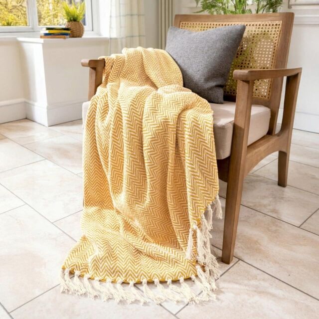 Allure Bath Fashions Chevron Herringbone Sofa Throw Blanket - 100% Cotton in Mustard - Size: 150 cm x 200 cm - image 1