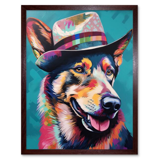 "Artery8 Wall Art Print German Shepherd with Fedora Hat Vibrant Portrait Art Framed in Brown - Size: W12"" x H16""" - image 1