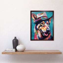 "Artery8 Wall Art Print German Shepherd with Fedora Hat Vibrant Portrait Art Framed in Brown - Size: W12"" x H16""" - thumbnail 2