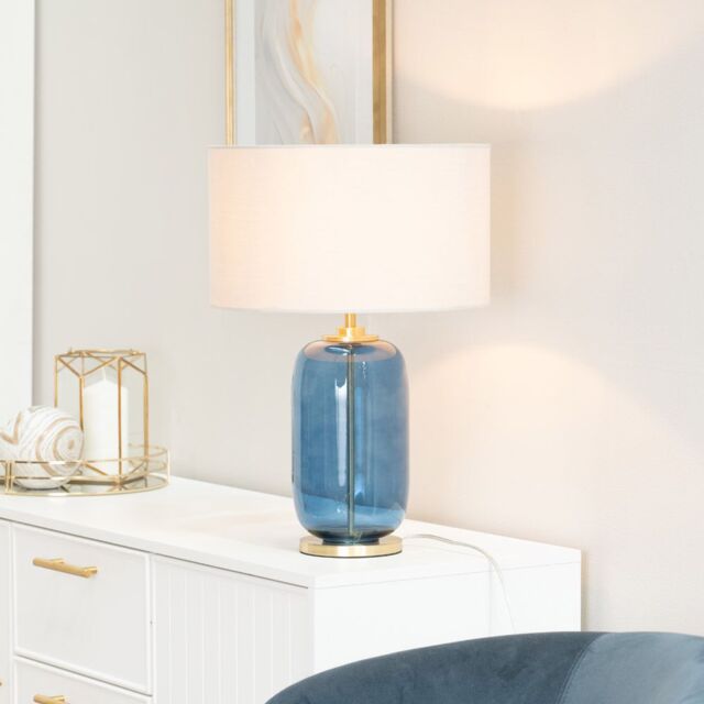 ValueLights Leigh Fabric Drum Shade with Navy Blue Glass & Gold Trim Table Lamp in Nude - image 1