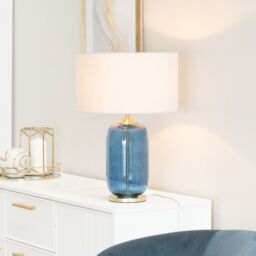 ValueLights Leigh Fabric Drum Shade with Navy Blue Glass & Gold Trim Table Lamp in Nude - thumbnail 1