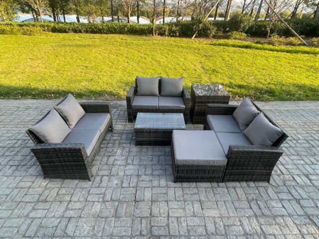 Fimous Dark Grey 7 Seater Outdoor Rattan Garden Furniture Set Patio Love Sofa Rectangular Coffee Table Set with Footstool - image 1