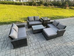 Fimous Dark Grey 7 Seater Outdoor Rattan Garden Furniture Set Patio Love Sofa Rectangular Coffee Table Set with Footstool - thumbnail 2