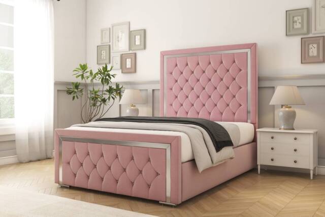 "Comfort Beds Sofia Chrome Plush Bed Frame - 50"" Upholstered Headboard in Pink - Size: Double" - image 1