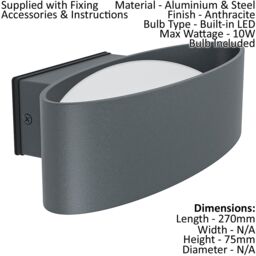 Loops 2 PACK IP44 Outdoor Wall Light Anthracite Aluminium & Steel 10W LED in Metallics - thumbnail 2