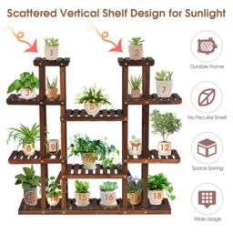 Costway 9 Tier Wood Plant Stand Carbonized Plants Display Rack Flower Shelf in Natural - thumbnail 2