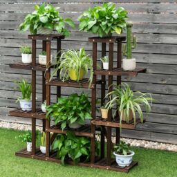 Costway 9 Tier Wood Plant Stand Carbonized Plants Display Rack Flower Shelf in Natural