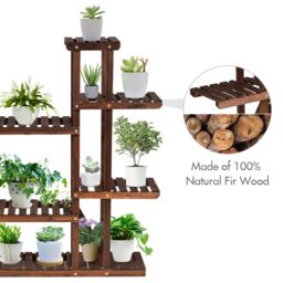 Costway 9 Tier Wood Plant Stand Carbonized Plants Display Rack Flower Shelf in Natural - thumbnail 4