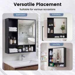 Costway Bathroom Wall Mirror Cabinet Wooden Medicine Cabinet w/ 3 Open Shelves in Black - thumbnail 9