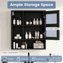 Costway Bathroom Wall Mirror Cabinet Wooden Medicine Cabinet w/ 3 Open Shelves in Black - thumbnail 8