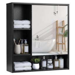 Costway Bathroom Wall Mirror Cabinet Wooden Medicine Cabinet w/ 3 Open Shelves in Black - thumbnail 1