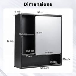 Costway Bathroom Wall Mirror Cabinet Wooden Medicine Cabinet w/ 3 Open Shelves in Black - thumbnail 2