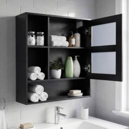 Costway Bathroom Wall Mirror Cabinet Wooden Medicine Cabinet w/ 3 Open Shelves in Black - thumbnail 3