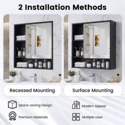Costway Bathroom Wall Mirror Cabinet Wooden Medicine Cabinet w/ 3 Open Shelves in Black - thumbnail 5