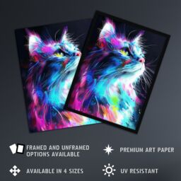 Artery8 Wall Art Print Birman Cat Lover Neon Glowing Blue Pink Portrait Art Framed Poster in Black - Size: A4 - thumbnail 2