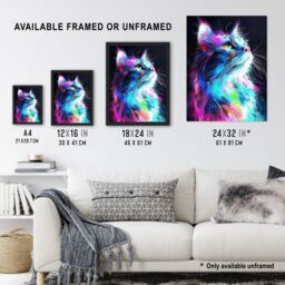 Artery8 Wall Art Print Birman Cat Lover Neon Glowing Blue Pink Portrait Art Framed Poster in Black - Size: A4 - thumbnail 3