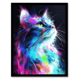 Artery8 Wall Art Print Birman Cat Lover Neon Glowing Blue Pink Portrait Art Framed Poster in Black - Size: A4 - thumbnail 1