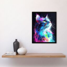 Artery8 Wall Art Print Birman Cat Lover Neon Glowing Blue Pink Portrait Art Framed Poster in Black - Size: A4 - thumbnail 4