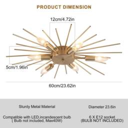 NIVOR 6 Light Sputnik Flush Mount Ceiling Lamp Gold Sleek Chandelier E14 in Metallic Gold - thumbnail 2