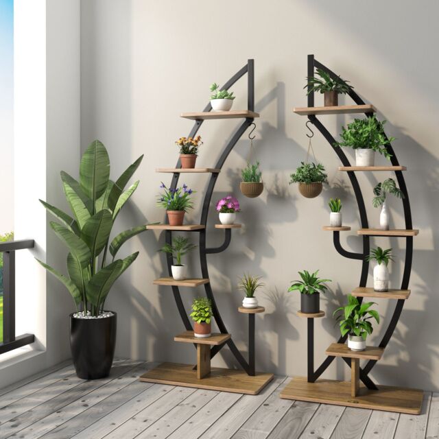Costway Set of 2 Tall Wooden 8-Tier Plant Stand Rack Curved Half Moon Shape Ladder Shelf in Natural - image 1