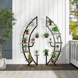 Costway Set of 2 Tall Wooden 8-Tier Plant Stand Rack Curved Half Moon Shape Ladder Shelf in Natural - thumbnail 3