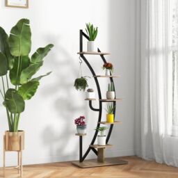 Costway Set of 2 Tall Wooden 8-Tier Plant Stand Rack Curved Half Moon Shape Ladder Shelf in Natural - thumbnail 2