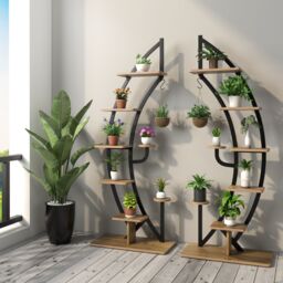 Costway Set of 2 Tall Wooden 8-Tier Plant Stand Rack Curved Half Moon Shape Ladder Shelf in Natural - thumbnail 1