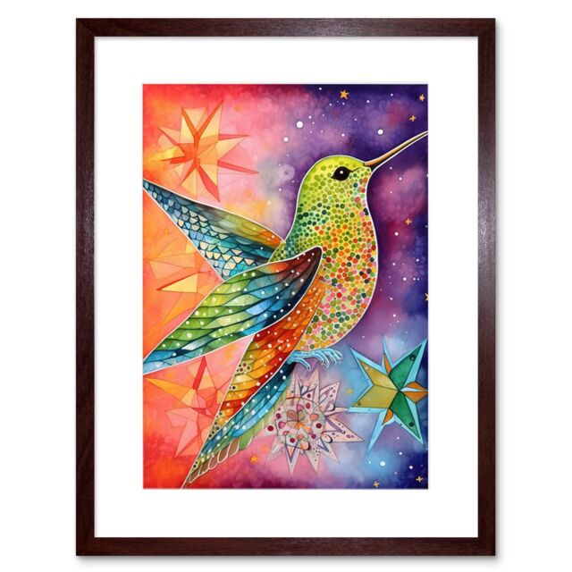"Artery8 Wall Art Print Hummingbird In Vibrant Astral Field Folk Art Watercolour Painting Artwork Framed 9X7 Inch in Brown - Size: W7"" x H9""" - image 1