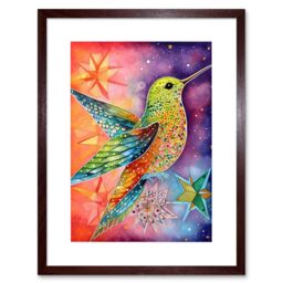 "Artery8 Wall Art Print Hummingbird In Vibrant Astral Field Folk Art Watercolour Painting Artwork Framed 9X7 Inch in Brown - Size: W7"" x H9""" - thumbnail 1