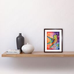"Artery8 Wall Art Print Hummingbird In Vibrant Astral Field Folk Art Watercolour Painting Artwork Framed 9X7 Inch in Brown - Size: W7"" x H9""" - thumbnail 2