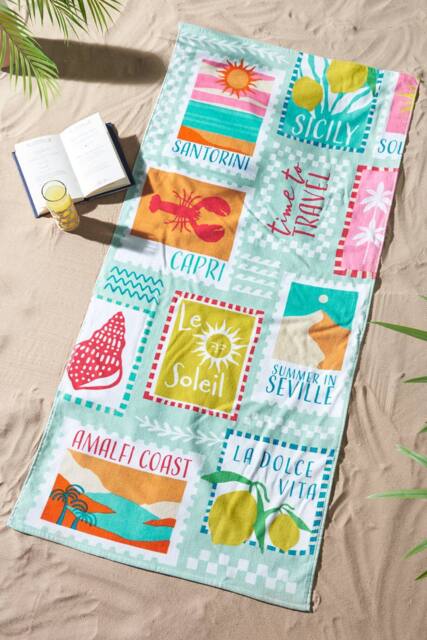 Catherine Lansfield 'Postcards' Cotton Beach Towel in Green - image 1