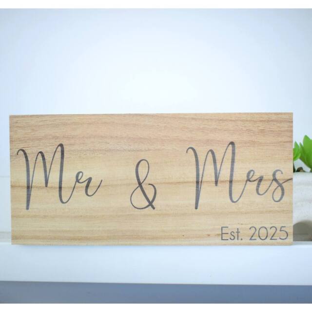 Amaya Rose Ltd Mr & Mrs Est 2026 Solid Wood Freestanding Plaque. Wooden Shelf Décor in Beige