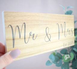 Amaya Rose Ltd Mr & Mrs Est 2026 Solid Wood Freestanding Plaque. Wooden Shelf Décor in Beige - thumbnail 3