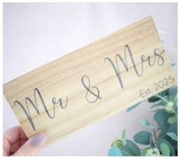 Amaya Rose Ltd Mr & Mrs Est 2026 Solid Wood Freestanding Plaque. Wooden Shelf Décor in Beige - thumbnail 2