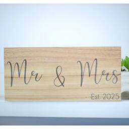 Amaya Rose Ltd Mr & Mrs Est 2026 Solid Wood Freestanding Plaque. Wooden Shelf Décor in Beige - thumbnail 1