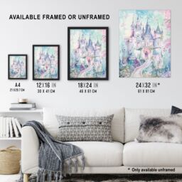 "Artery8 Fairy Tale Princess Castle Pastel Colour Fantasy Framed Wall Art in Blue - Size: W12"" x H16""" - thumbnail 3