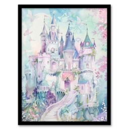 "Artery8 Fairy Tale Princess Castle Pastel Colour Fantasy Framed Wall Art in Blue - Size: W12"" x H16""" - thumbnail 1