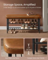 VASAGLE Large Mid-Century Shoe Storage Bench Synthetic Leather Entryway in Brown - thumbnail 3