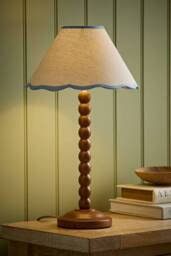 ValueLights Bobbin Colour Trim Linen Shade Walnut Bobble Table Lamp with Bulb in Baby Blue - thumbnail 2